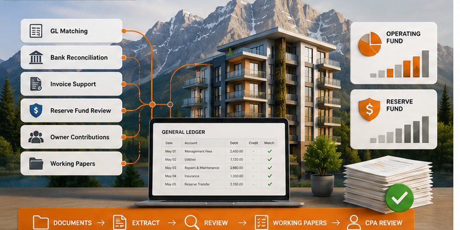Illustration of an Alberta condominium audit workflow showing GL matching, reserve fund review, invoice support, and CPA working papers