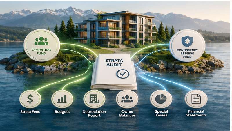 Illustration of a BC strata audit workflow showing strata fees, operating fund, contingency reserve fund, owner balances, and CPA review