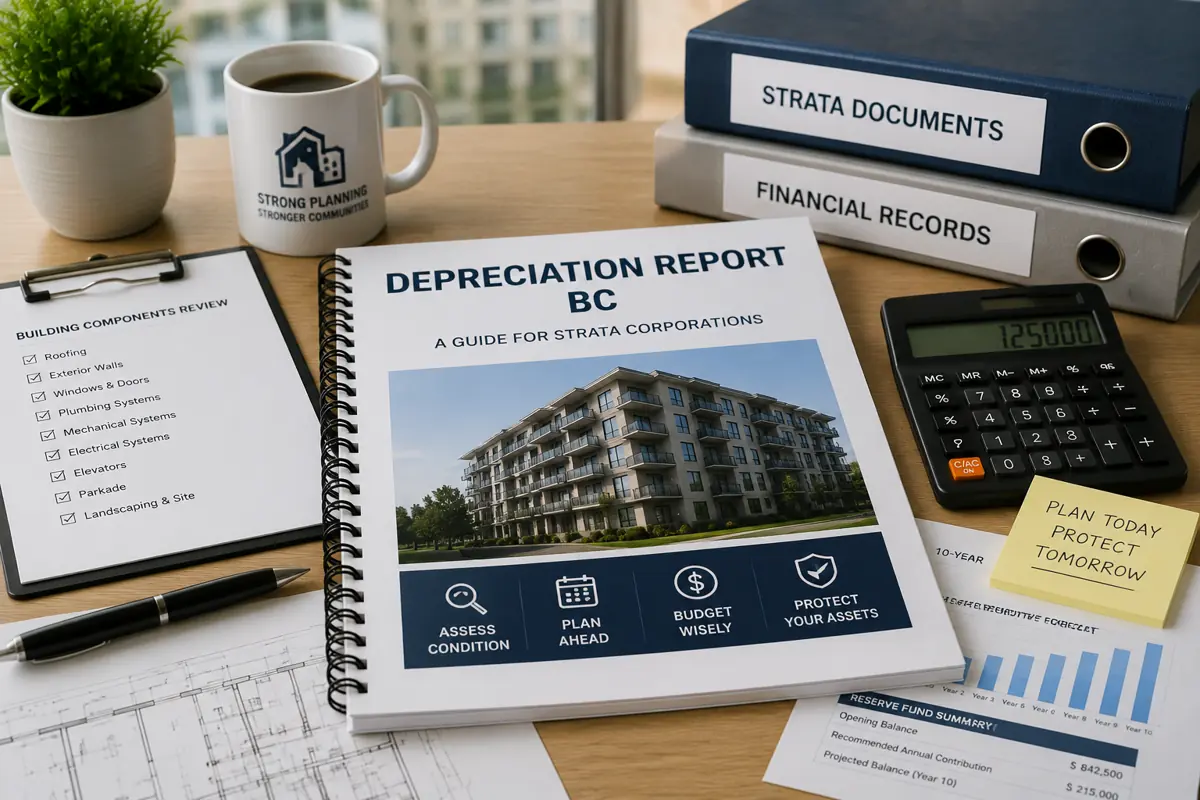BC strata corporation depreciation report with building inspection documents, maintenance planning, and financial reserve analysis