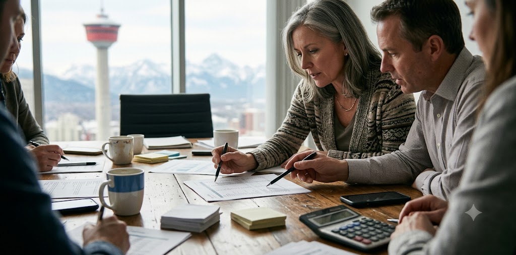 Alberta condominium building with financial statements and calculator showing condo audit cost guide