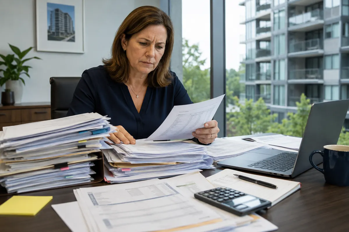 Illustration of Ontario condo audit documents becoming an organized CPA workflow with GL matching, owner assessment testing, and working paper preparation