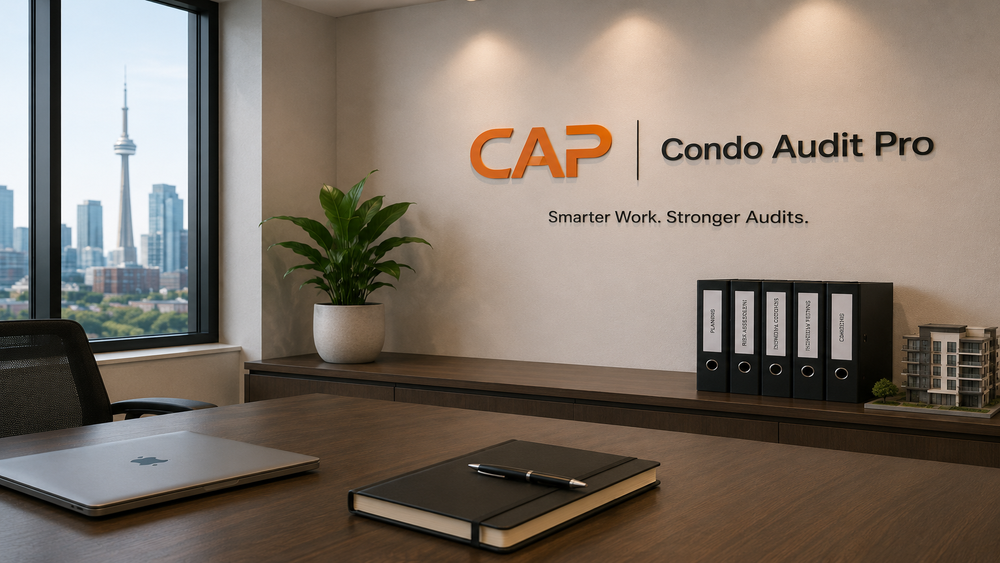 Minimal office hero image with CAP Condo Audit Pro branding for an Ontario CPA firm condominium audit case study.